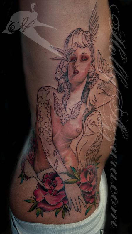 Holly Azzara - Pin Up with Owl On Ribs In Progress